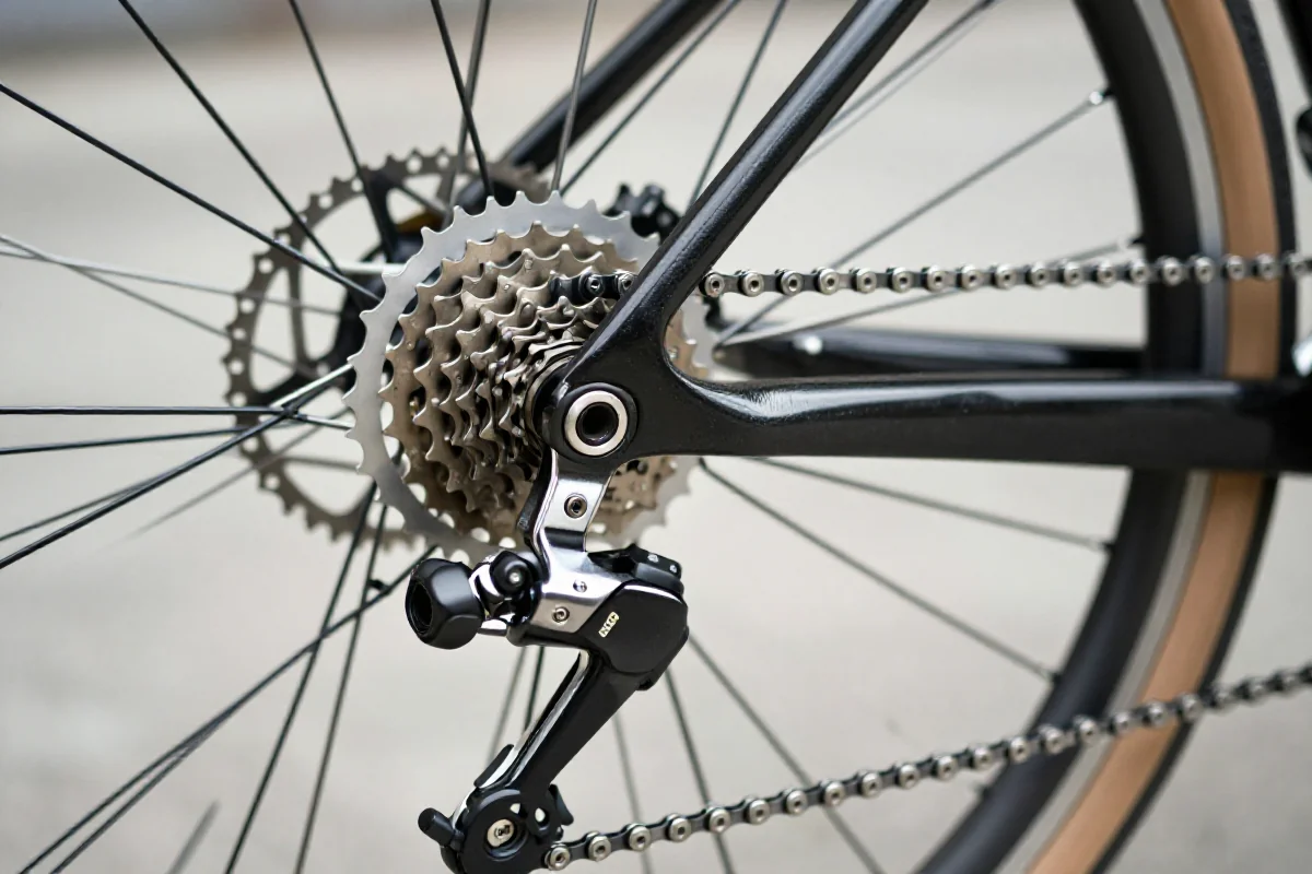 Szczegółowy widok układu napędowego roweru przed sprzedażą.