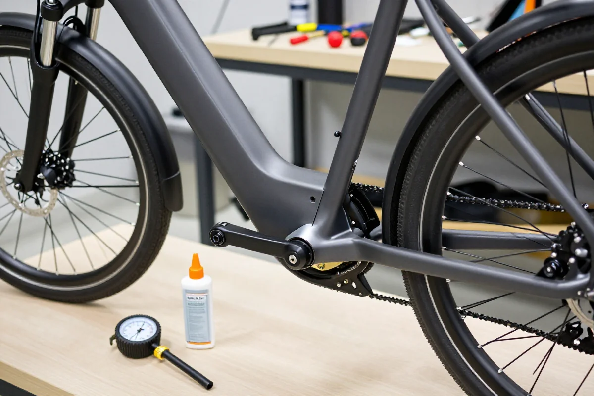 Serwisowanie roweru elektrycznego w warsztacie, z naciskiem na komponenty techniczne.