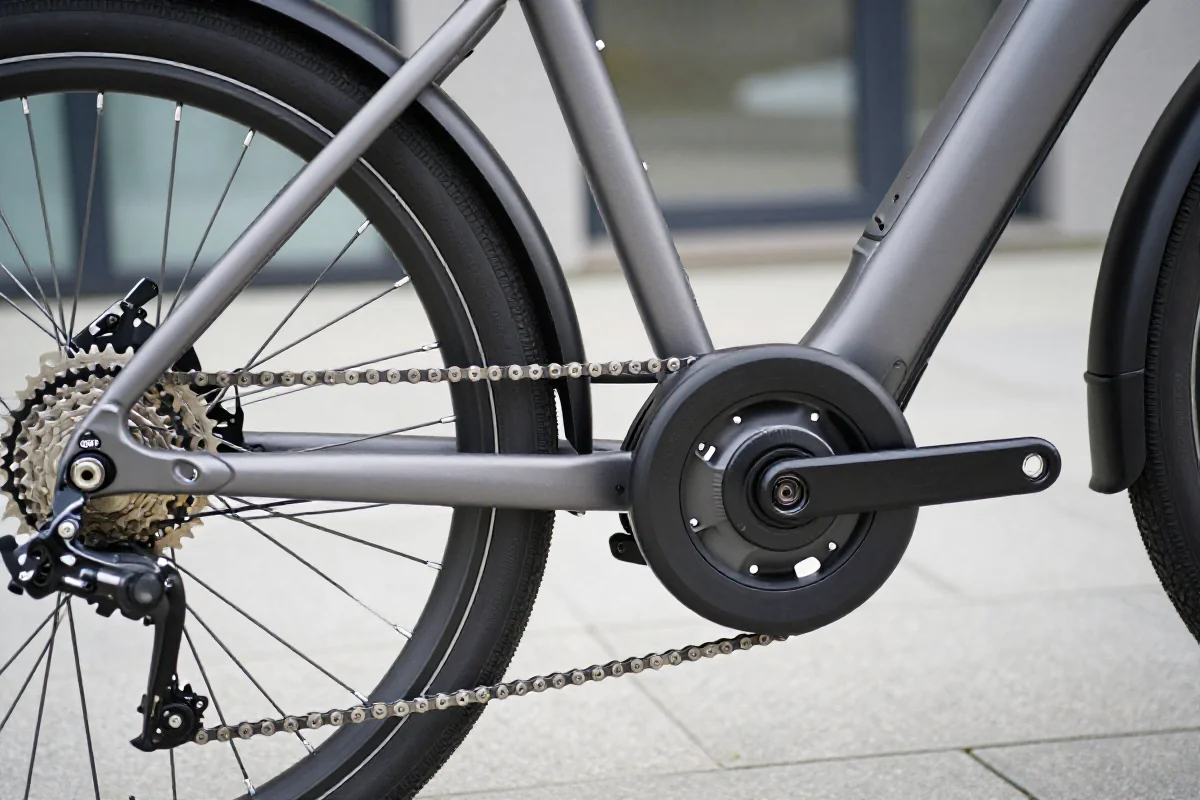 Szczegóły napędu roweru elektrycznego z widocznym silnikiem i zębatkami.