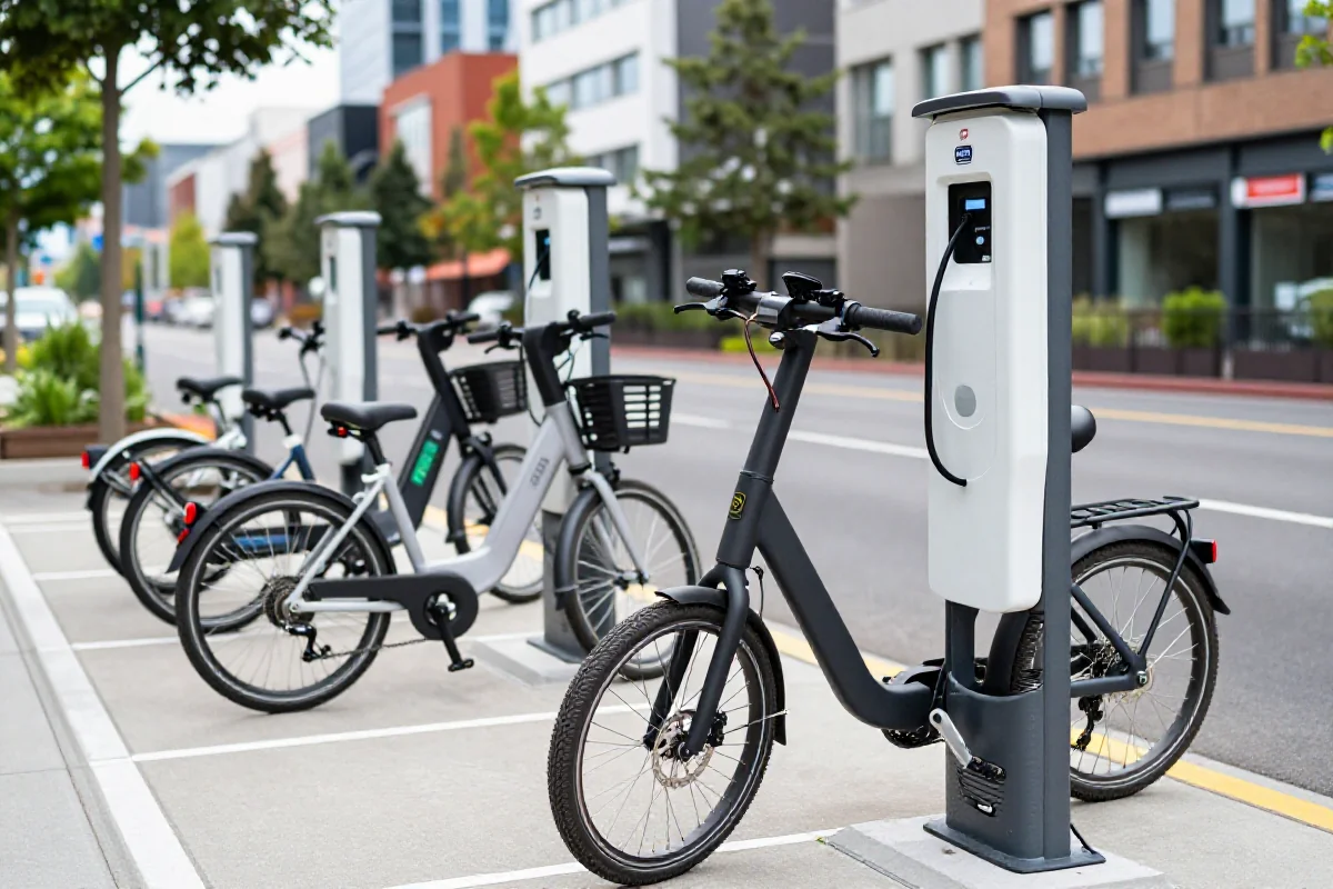 Publiczna stacja ładowania e-bike w mieście, nowoczesne punkty ładowania.