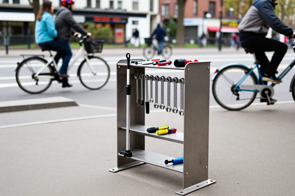 Publiczna stacja napraw rowerów w miejskim parku, narzędzia do konserwacji rowerów.