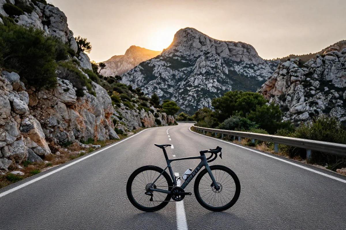 Widok na krętą drogę prowadzącą na Puig Major, idealną dla rowerów szosowych.