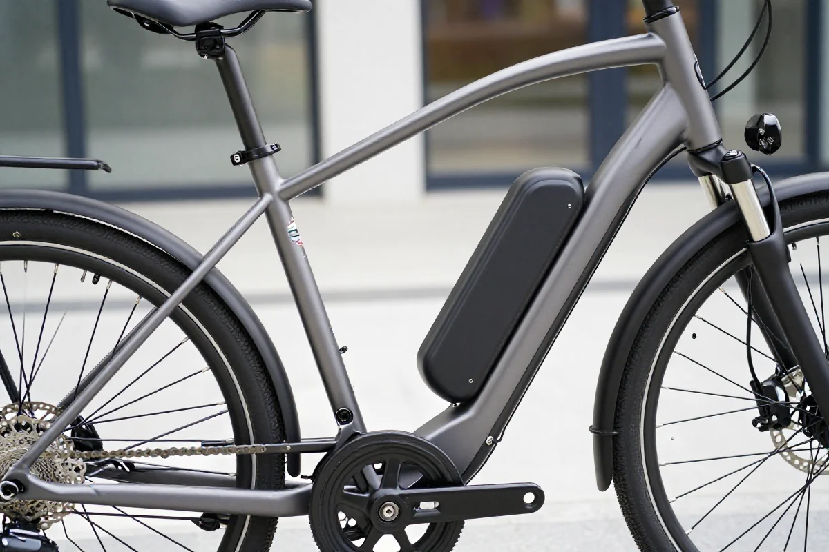 Zbliżenie na ramę i baterię roweru elektrycznego, ukazujące szczegóły konstrukcyjne.