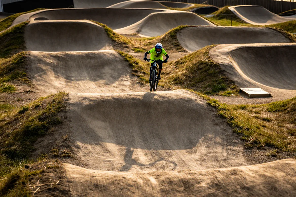 Pump track do jazdy na rowerze MTB z muldami i zakrętami