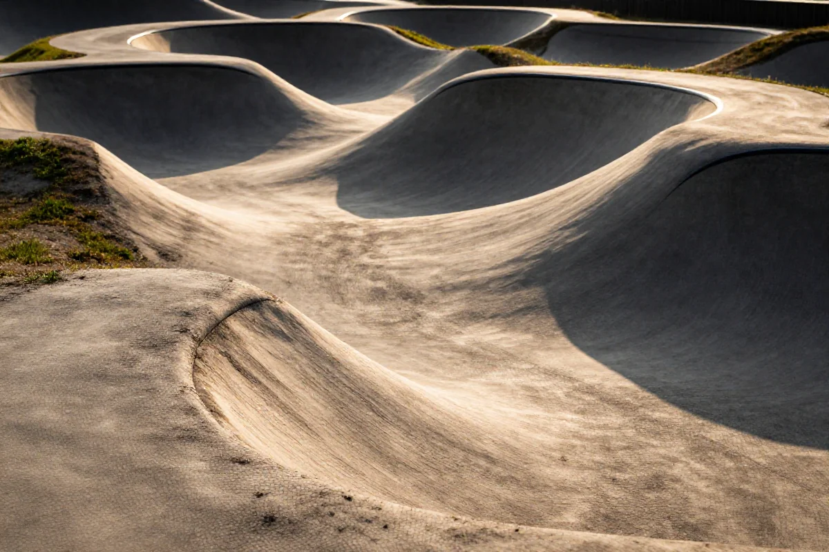 Pump track z pagórkami i zakrętami, idealny do treningu rowerowego.