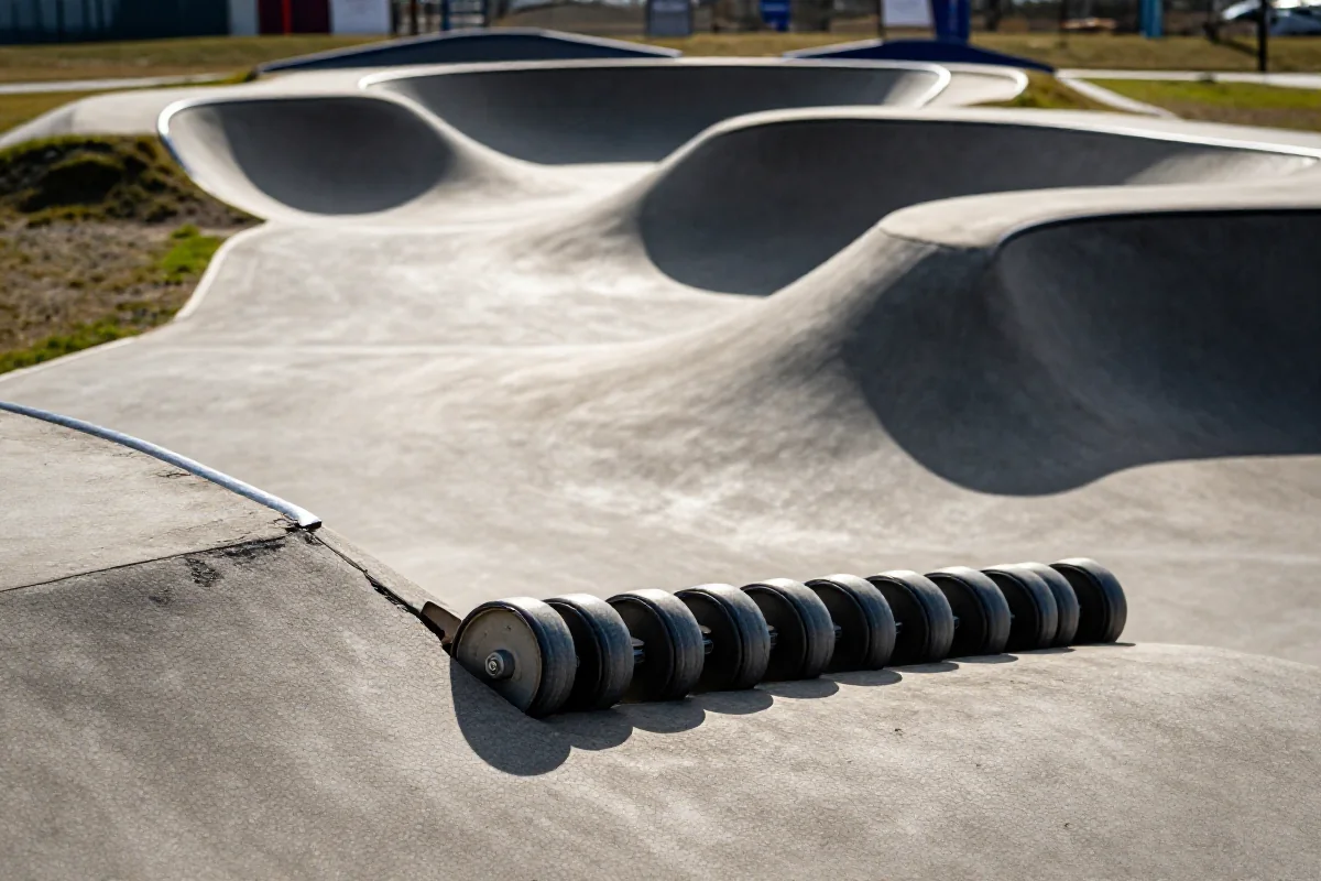 Zbliżenie na tor pump track z profilowanymi rolkami i zakrętami, idealny do pumping.