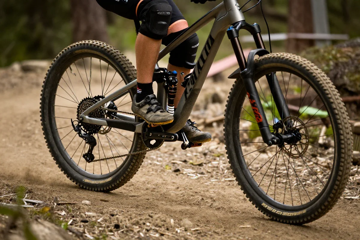 Rower górski pokonujący berm na trasie, technika pumping, jazda terenowa.