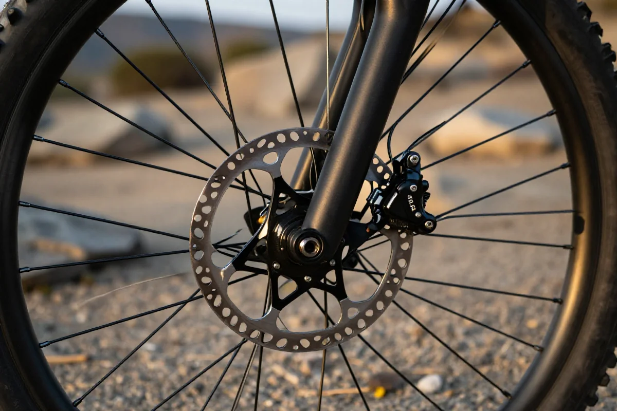 Widok na system hamulcowy roweru górskiego w trudnym terenie