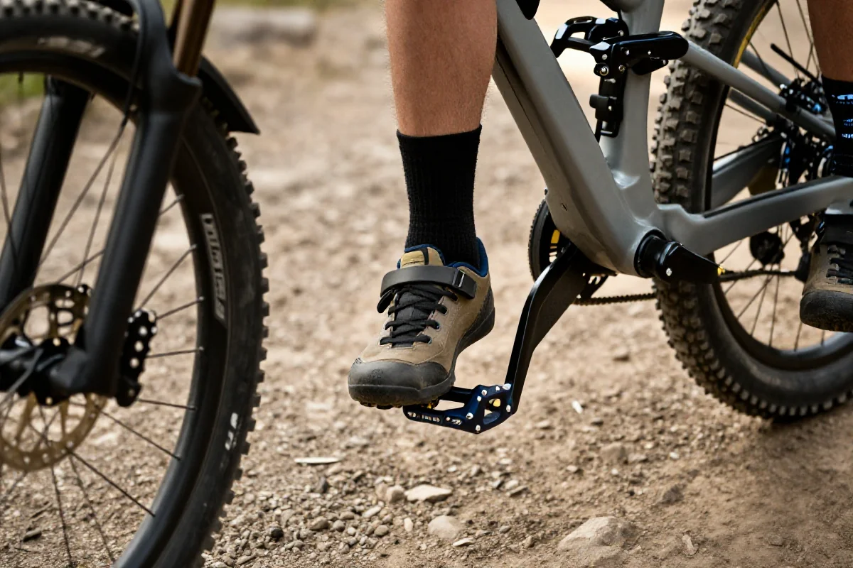 Zbliżenie na pedały roweru górskiego i stopy w pozycji neutralnej.