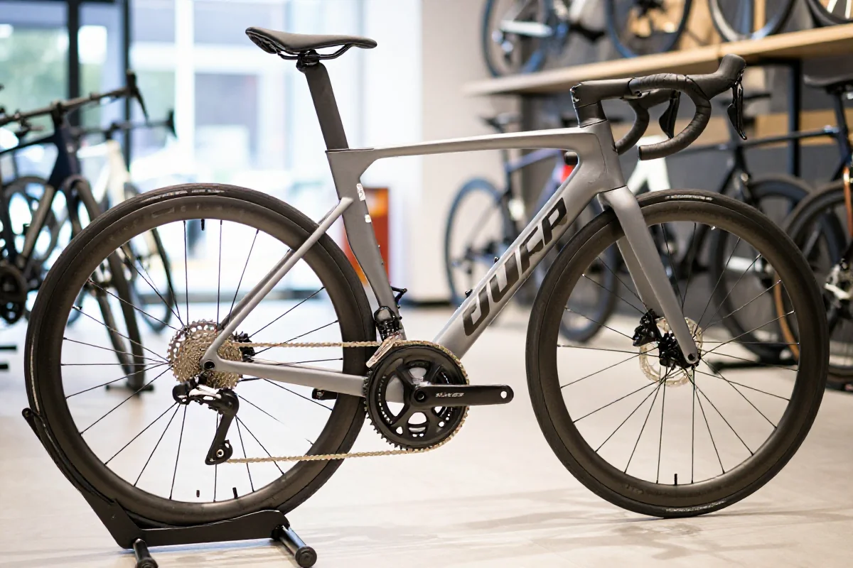Nowoczesny rower szosowy w sklepie rowerowym, szczegóły komponentów i ramy.