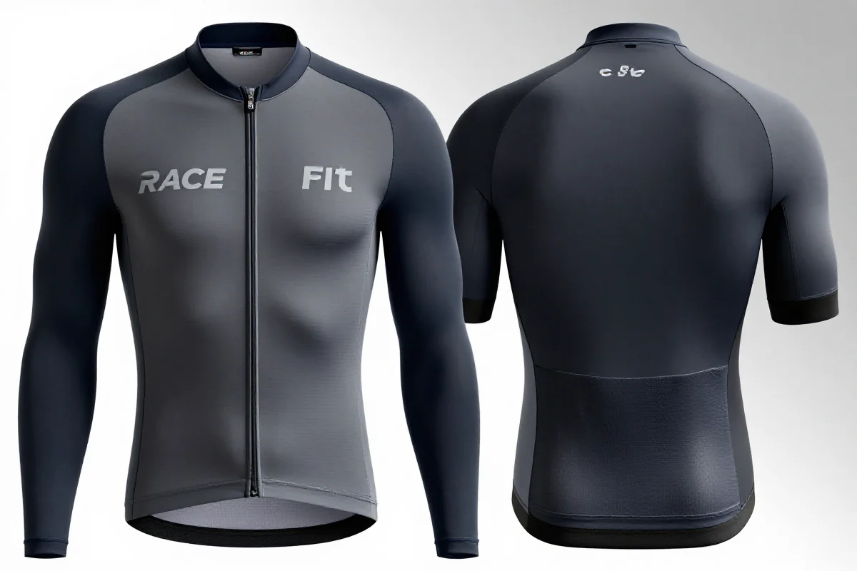 Koszulki kolarskie Race Fit i Club Fit w porównaniu, różne kroje i materiały.