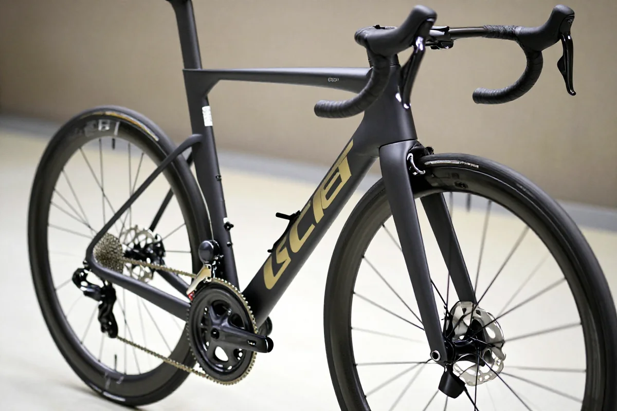 Szosowy rower wyścigowy z geometrią ramy, ukazujący detaliczne cechy konstrukcyjne.