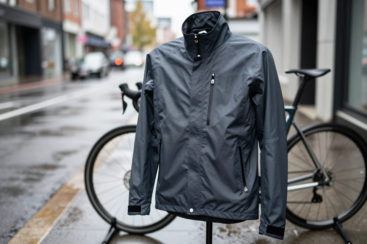 Wodoodporna kurtka rowerowa na stojaku w deszczowym otoczeniu miejskim.