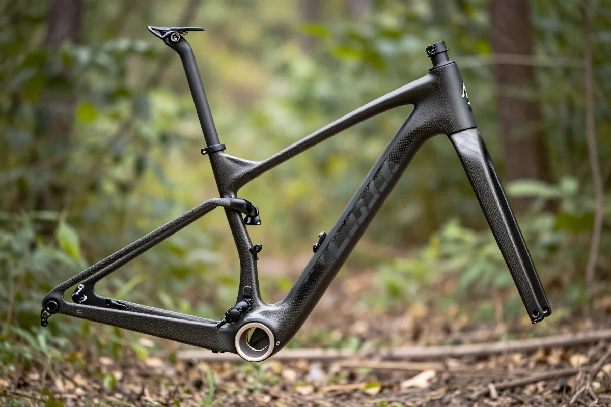 Rama górskiego roweru z włókna węglowego na tle przyrody