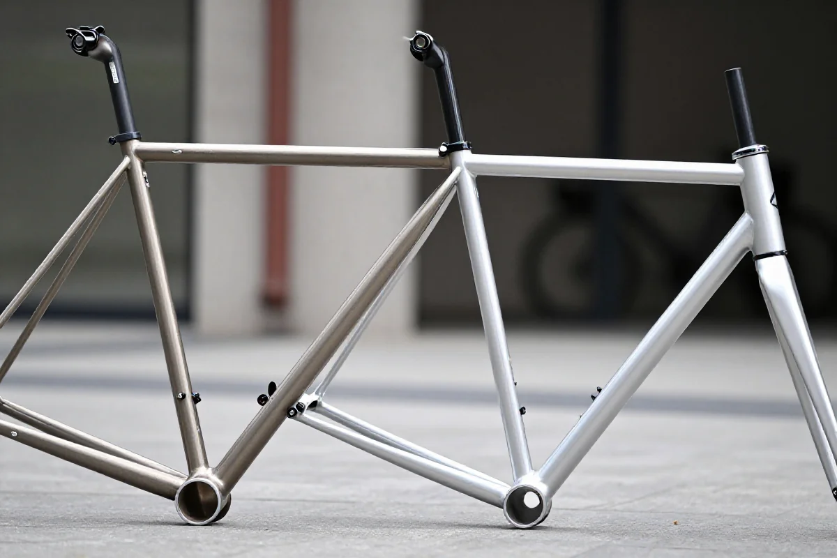 Porównanie stalowej i aluminiowej ramy rowerowej w miejskim otoczeniu.