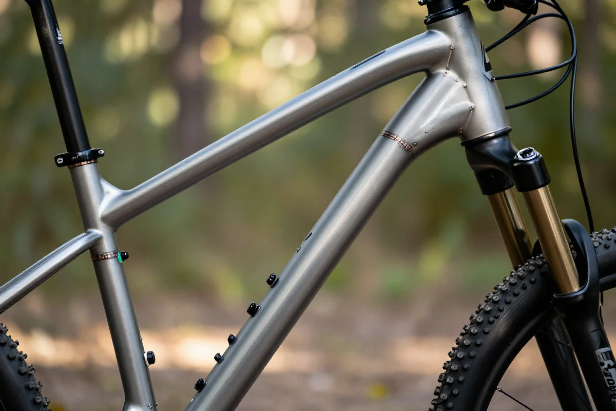 Nowoczesna rama aluminiowa MTB wykonana ze stopu 6061, w naturalnym otoczeniu.