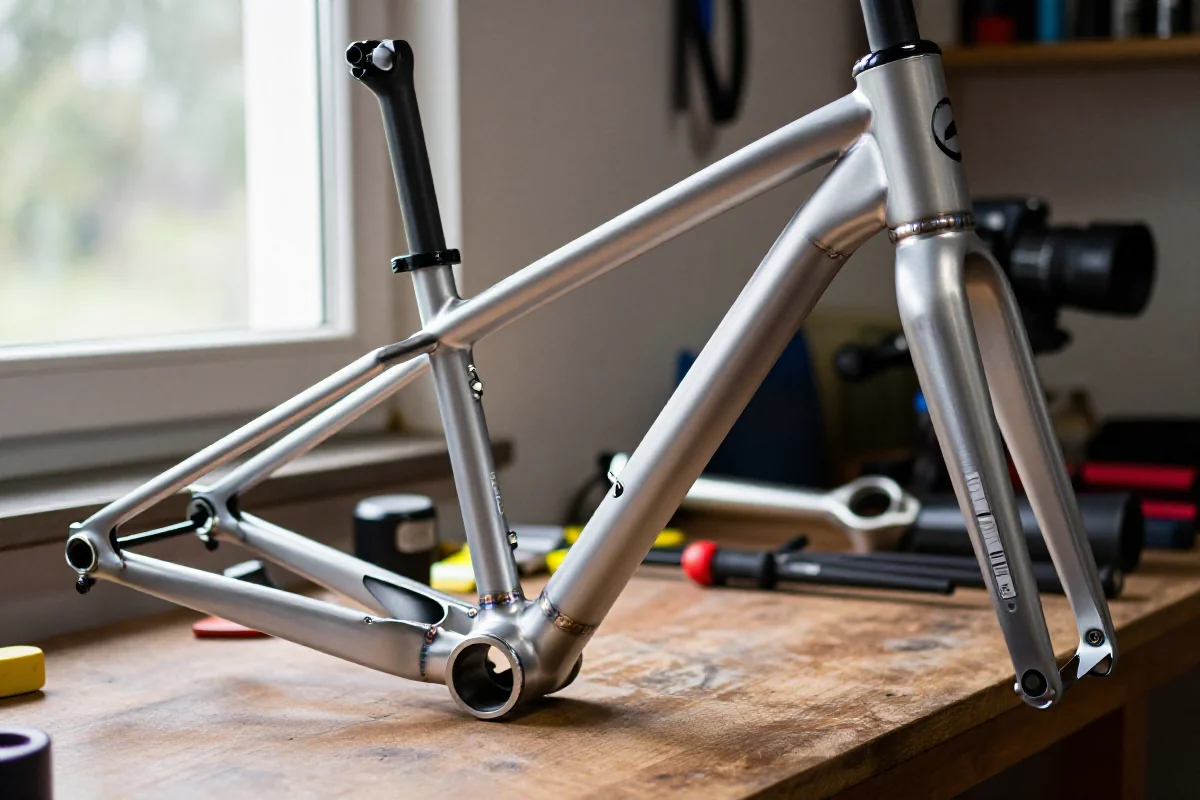 Aluminiowa rama roweru górskiego w warsztacie, ukazująca szczegóły materiału.