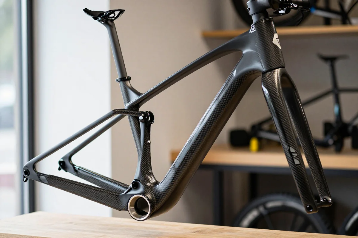 Rama karbonowa roweru górskiego z widoczną strukturą włókien węglowych.
