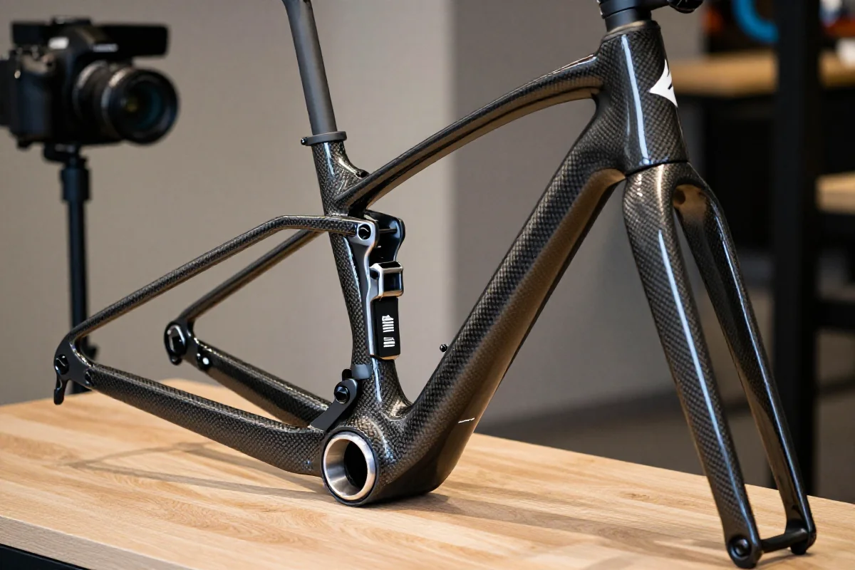 Wysokiej jakości rama karbonowa MTB z detalami włókna węglowego.