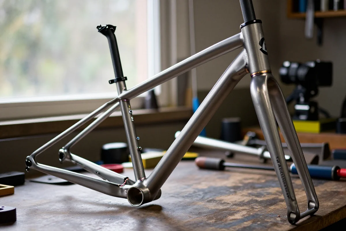 Szczegółowe ujęcie stalowej ramy MTB w warsztacie rowerowym.