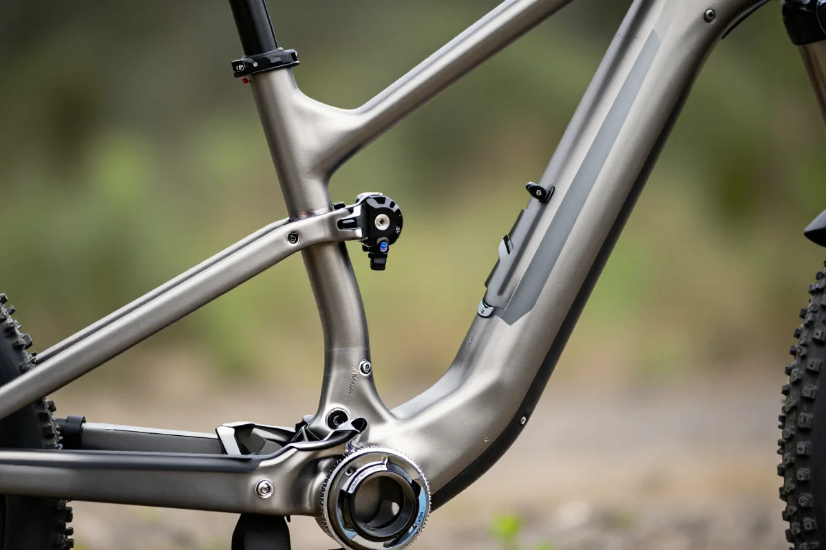 Rama roweru górskiego z tytanu i stali chromoly w naturalnym otoczeniu.