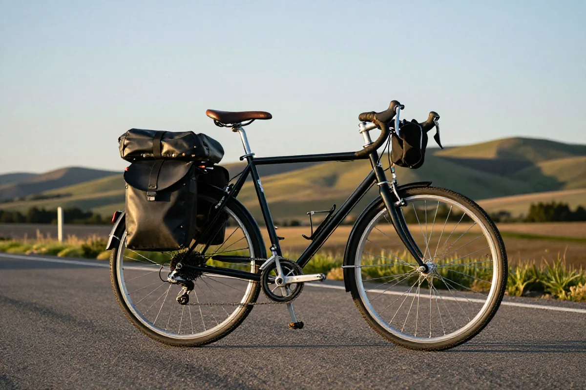 Rower randonneuring na malowniczej drodze, ukazujący detale sprzętu rowerowego.