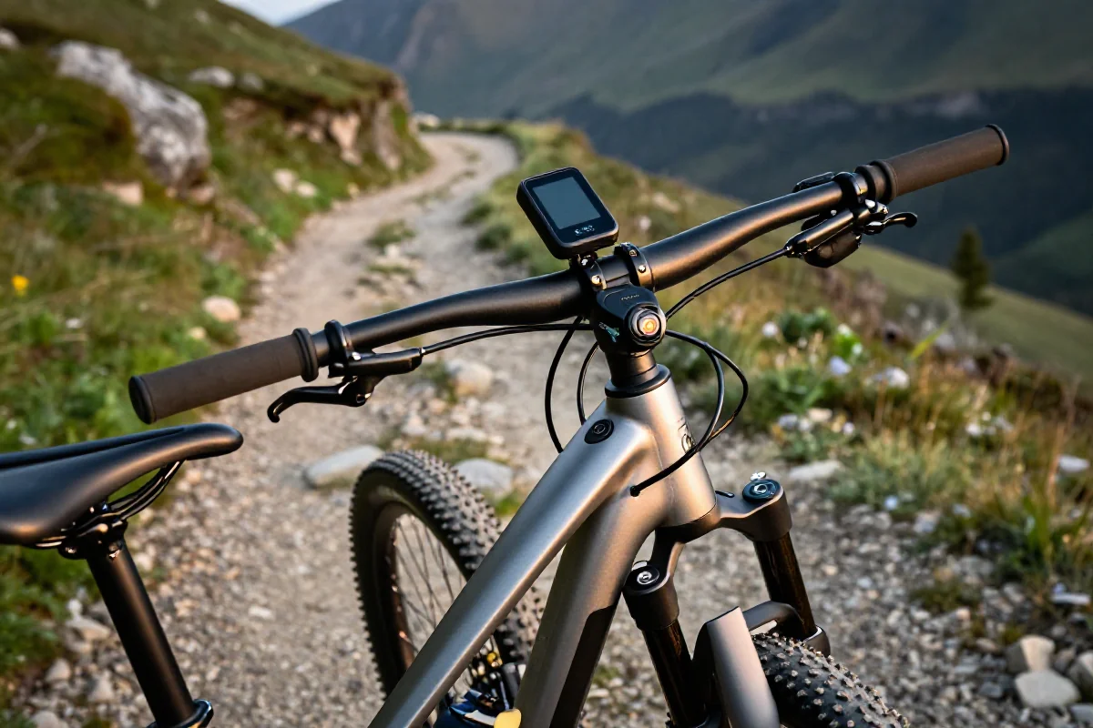 Nowoczesny rower górski z elektroniką bezpieczeństwa na szlaku górskim