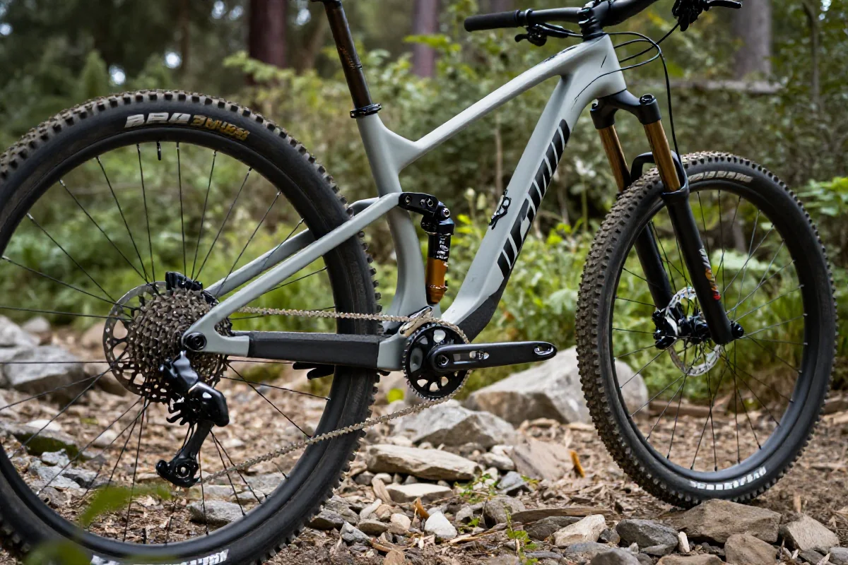 Nowoczesny rower MTB z pełnym zawieszeniem na skalistej ścieżce