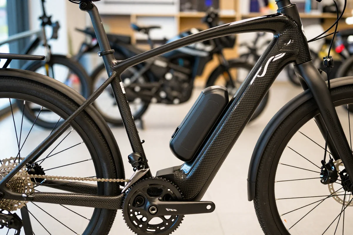 Nowoczesny rower elektryczny z włókna węglowego w sklepie rowerowym