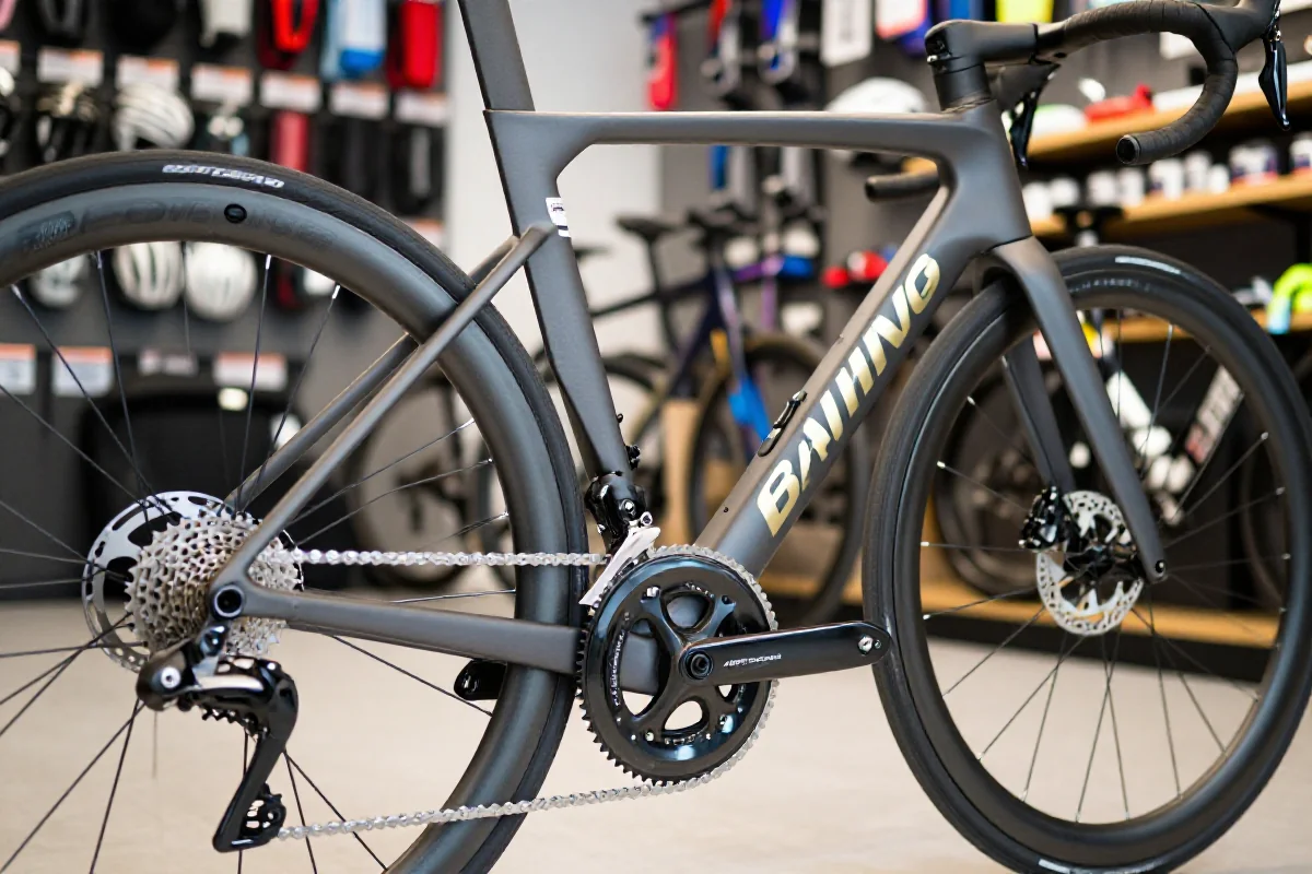 Szczegółowy widok roweru szosowego z karbonową ramą i systemem hamulcowym.