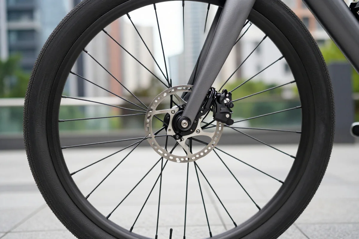 Nowoczesny rower miejski z hydraulicznymi hamulcami tarczowymi i szerokimi oponami.