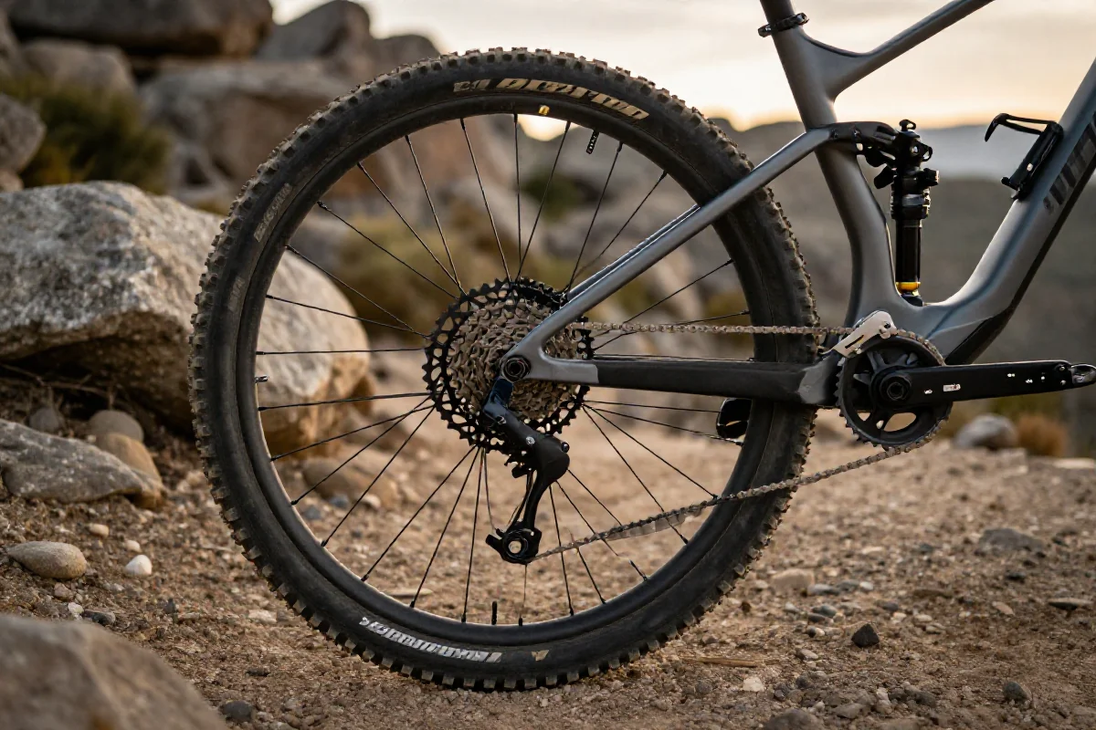 Współczesny rower MTB z uniesionym tylnym kołem na nierównym terenie