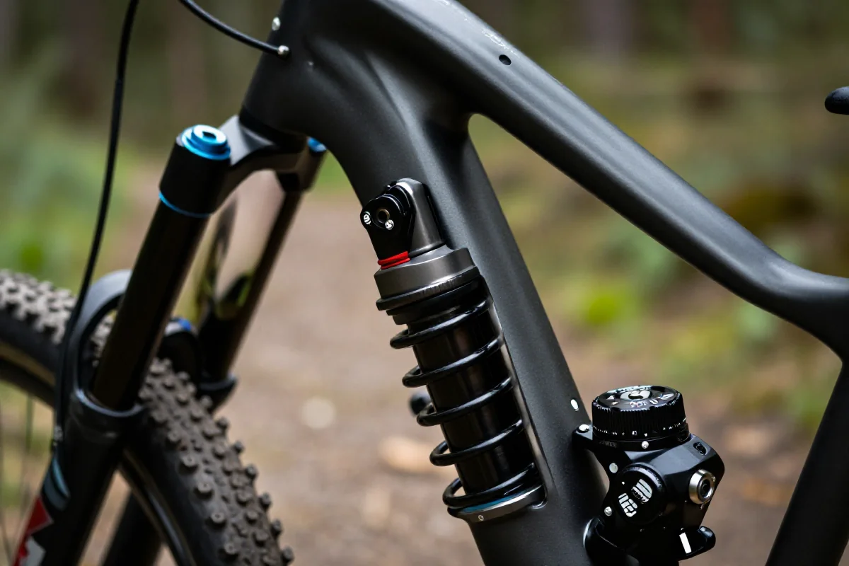 Zbliżenie na amortyzator roweru górskiego z ustawieniami reboundu.