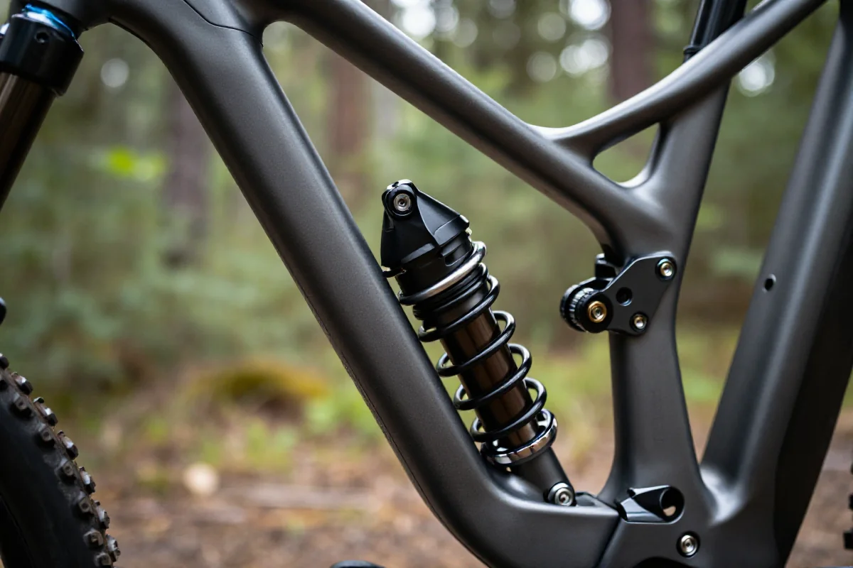 Zbliżenie nowoczesnego systemu zawieszenia roweru górskiego z regulacją tłumienia.