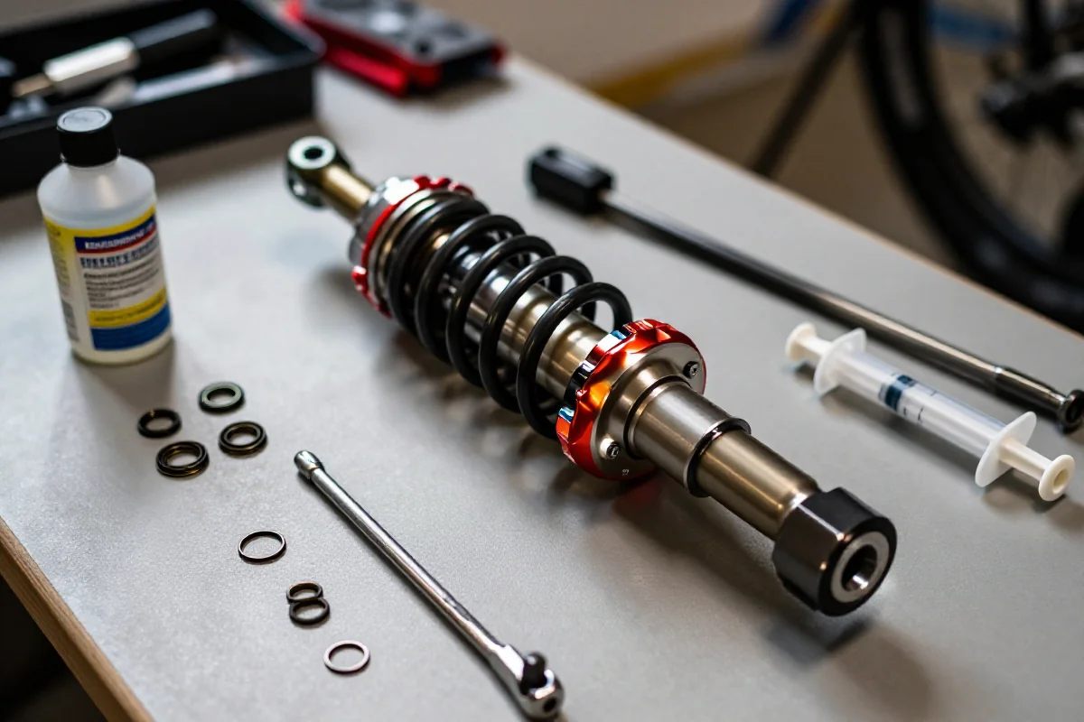 Szczegółowe zdjęcie rozłożonego amortyzatora rowerowego na warsztatowym stole.
