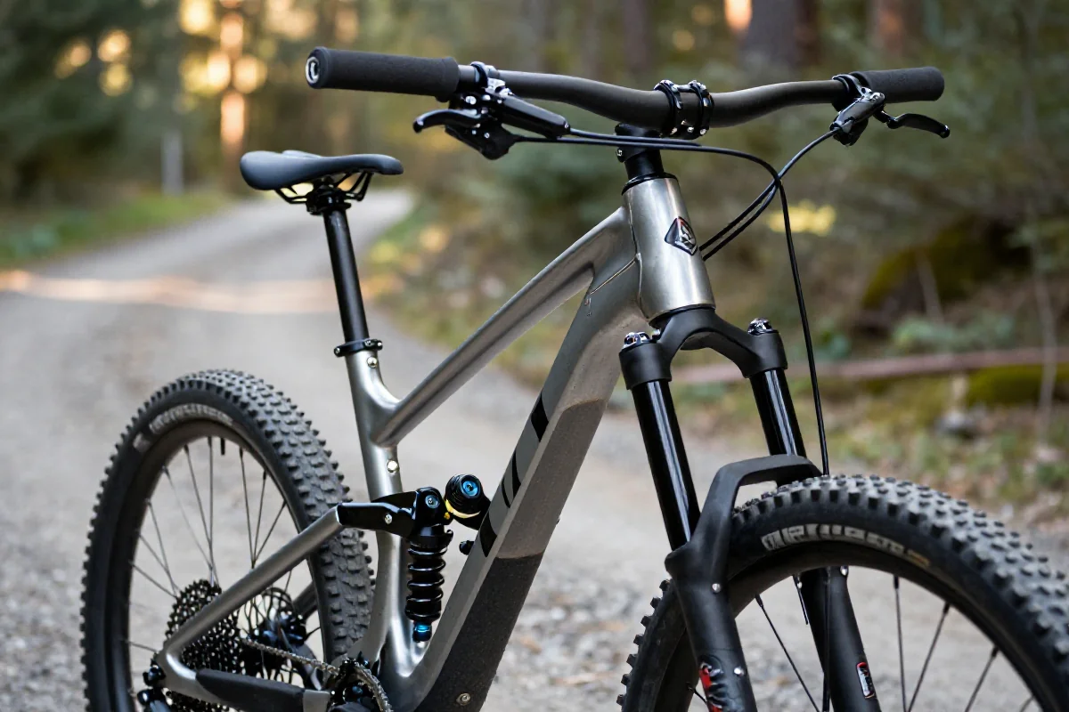 Szczegółowy widok ramy roweru górskiego na szlaku w lesie.