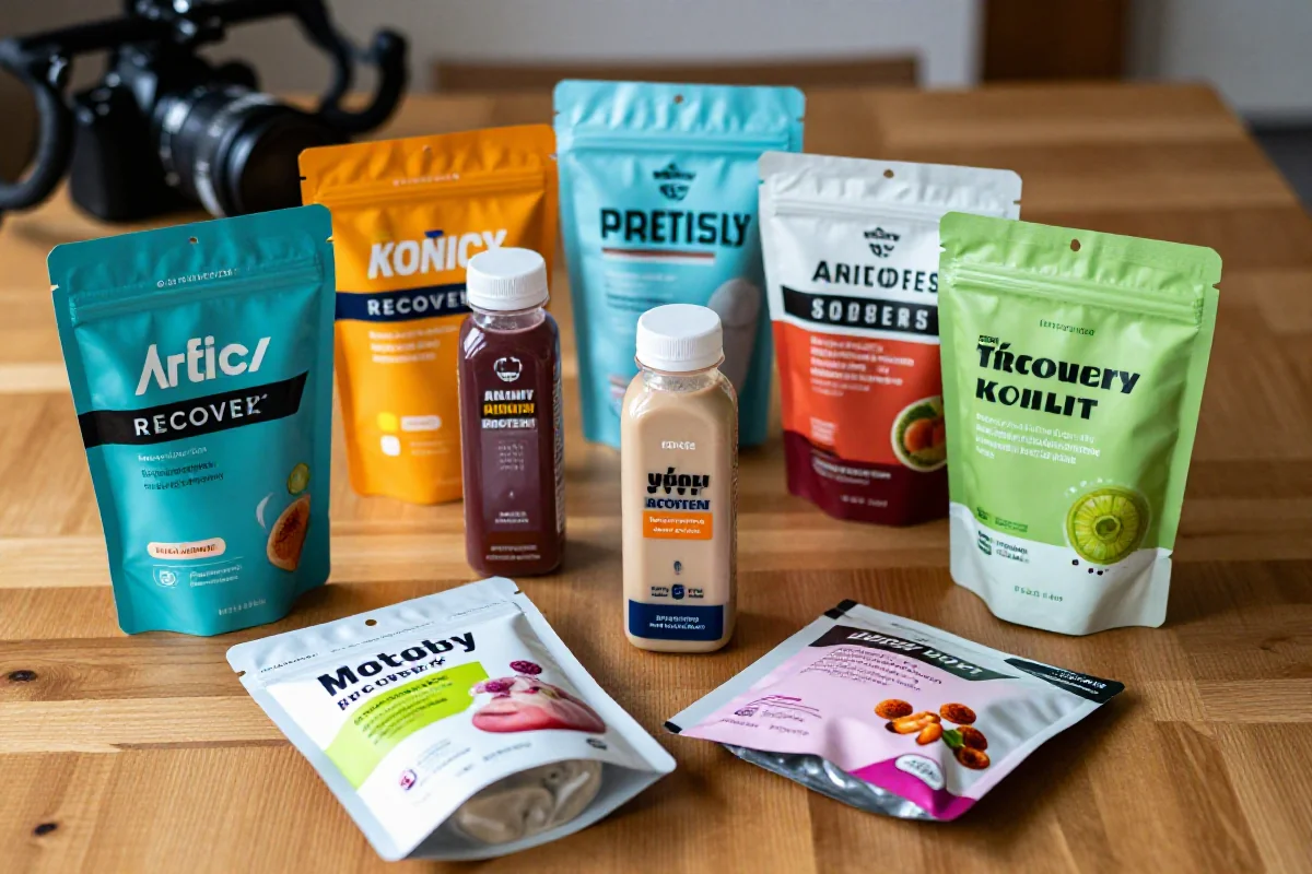 Różnorodne napoje regeneracyjne dla rowerzystów na drewnianym stole.