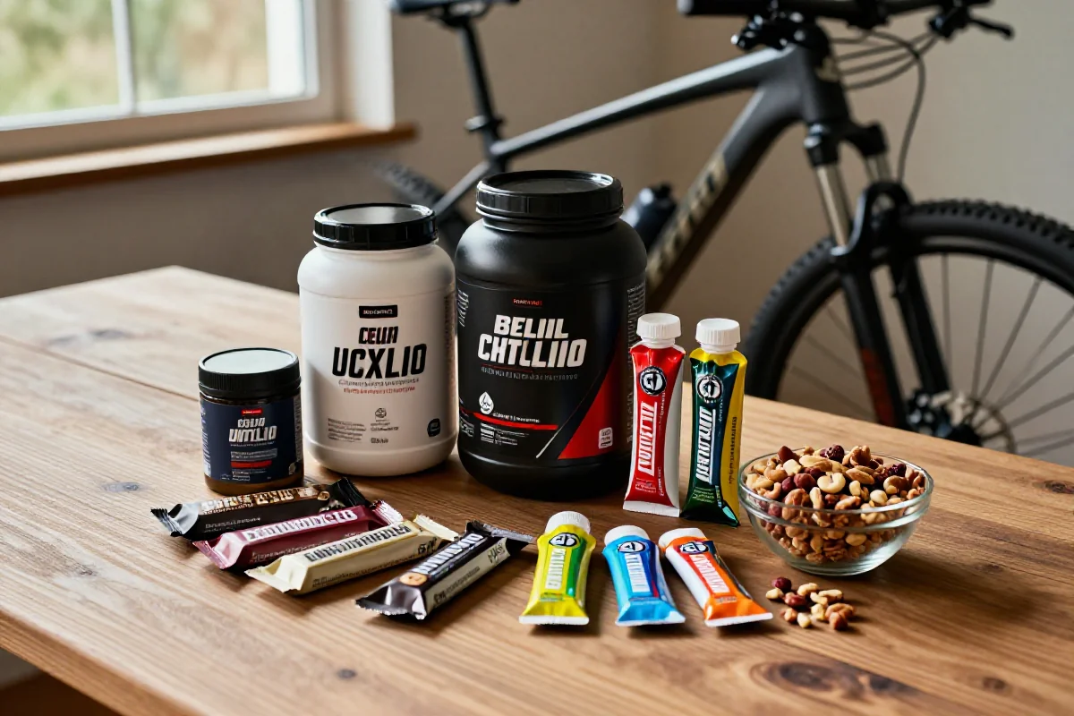 Różnorodne produkty żywieniowe dla rowerzystów po treningu MTB.