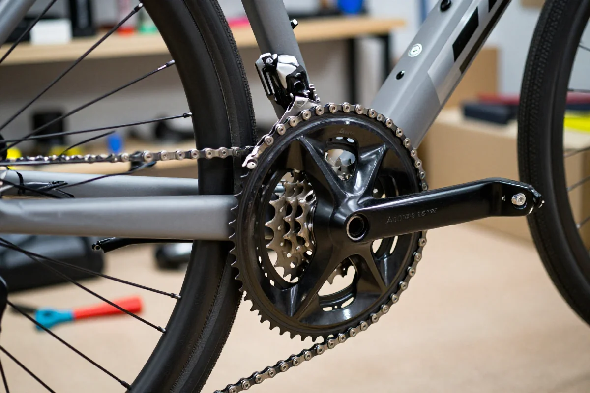 Szczegóły zębatek i łańcucha rowerowego w warsztacie