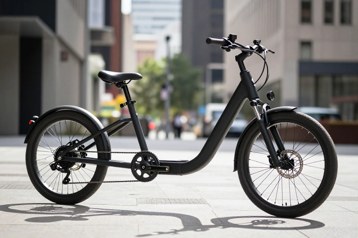 Elektryczny rower poziomy w nowoczesnym miejskim otoczeniu.