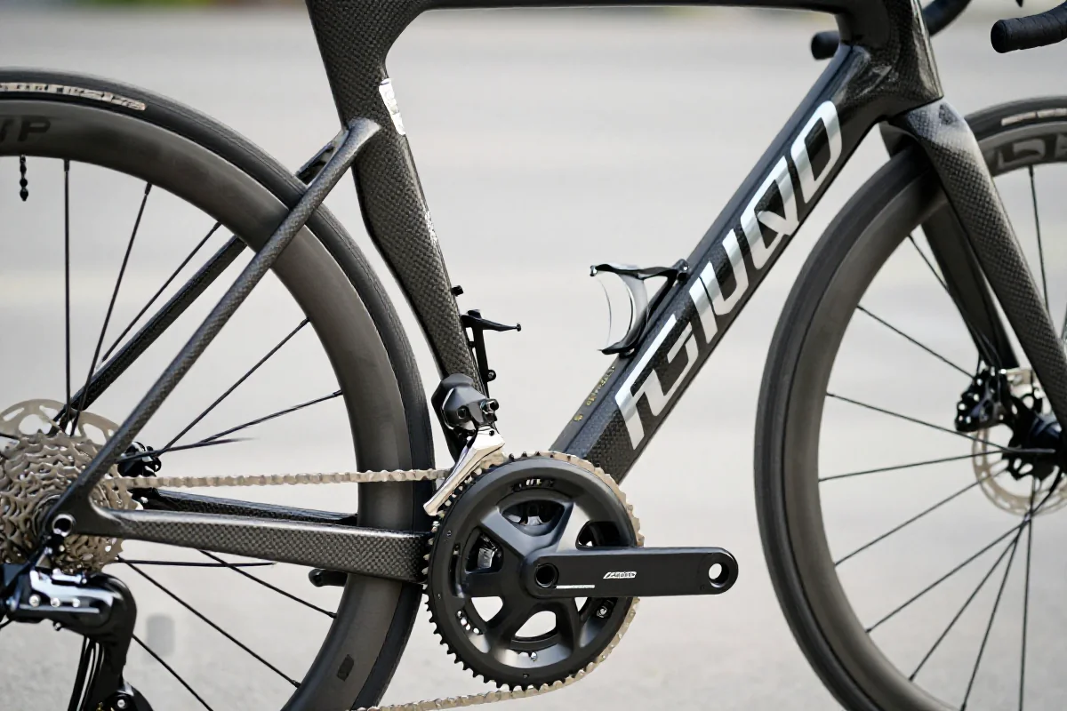 Szczegóły wysokiej jakości ramy roweru szosowego z włókna węglowego.