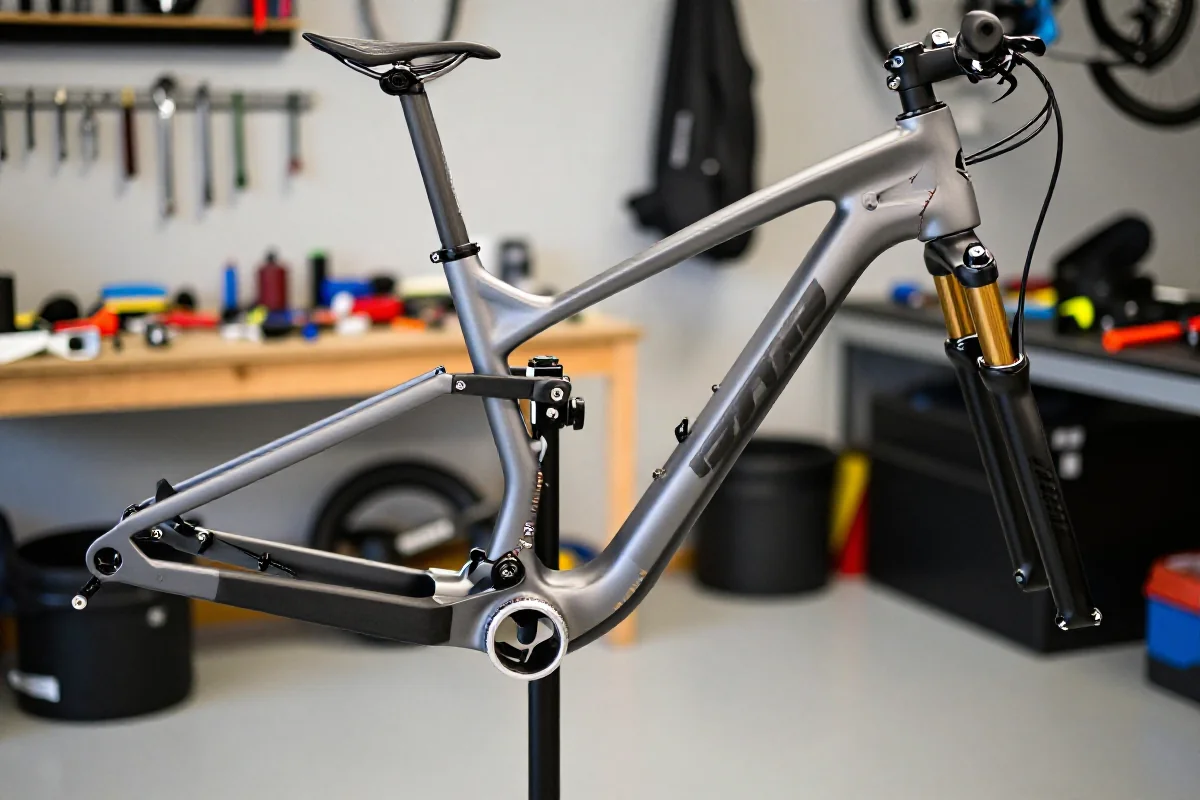 Szczegóły ramy roweru górskiego w oświetlonym garażu