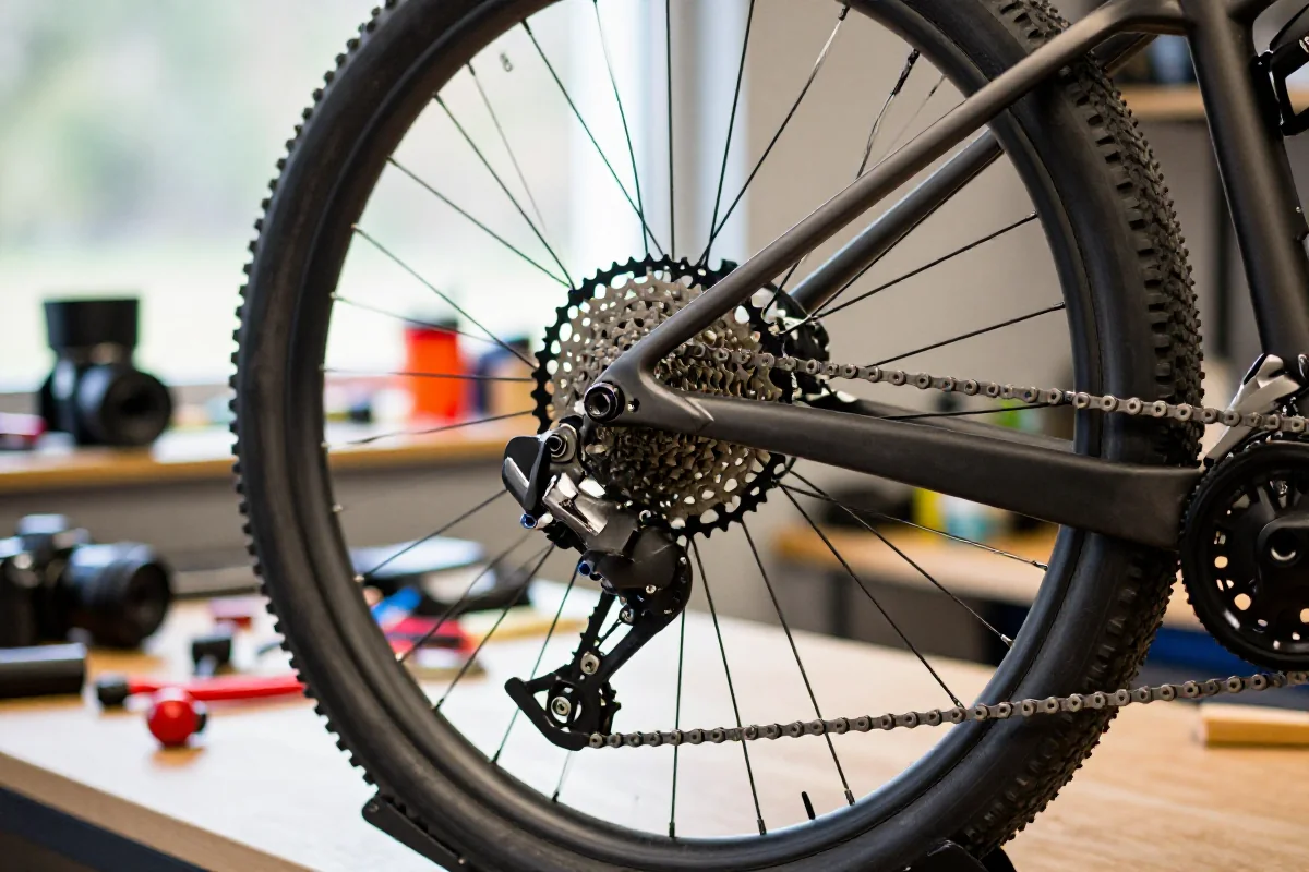 Szczegóły napędu 1x12 w serwisie rowerowym MTB, ukazujące komponenty roweru górskiego.