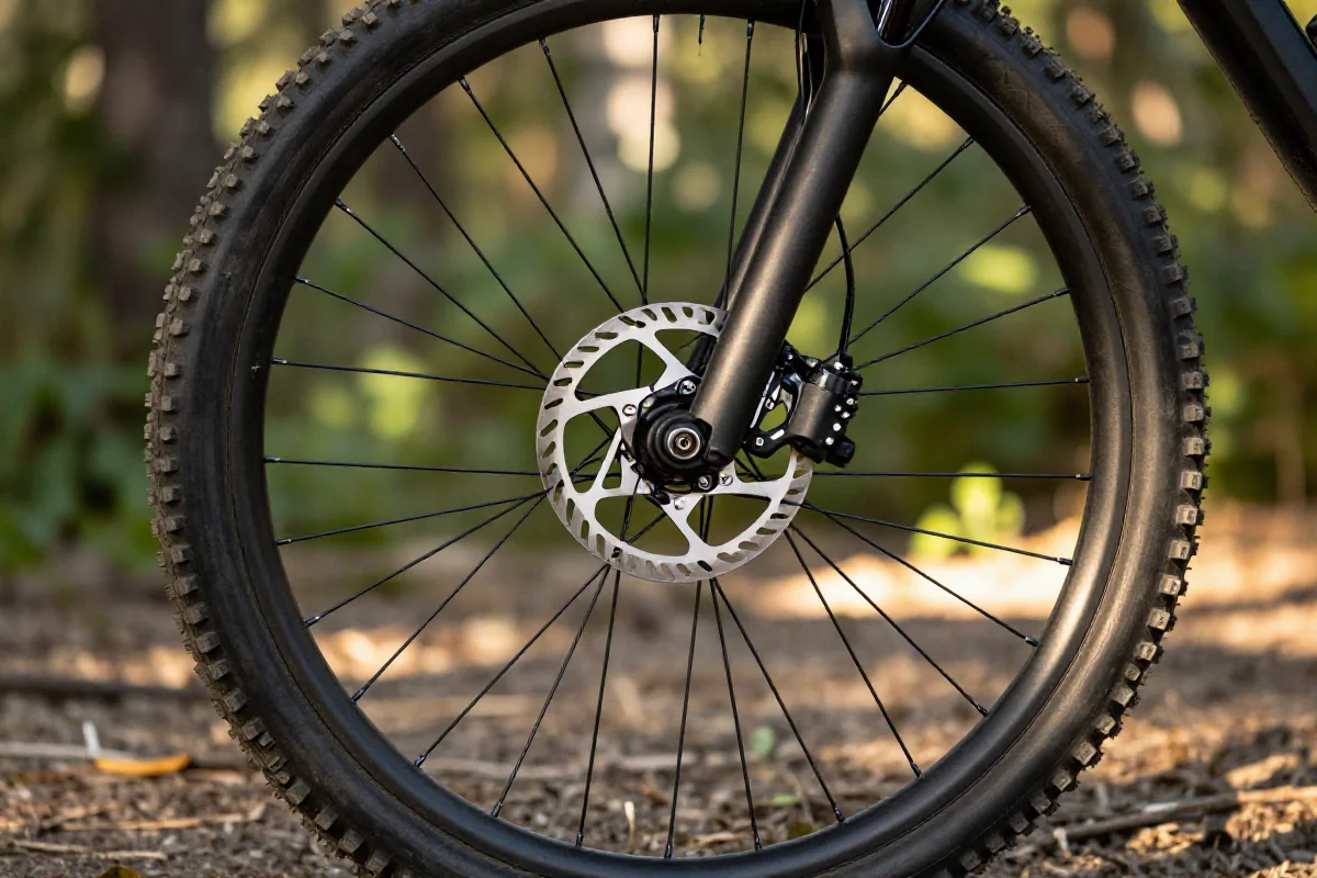 Szczegóły koła górskiego roweru i systemu hamulcowego w terenie.