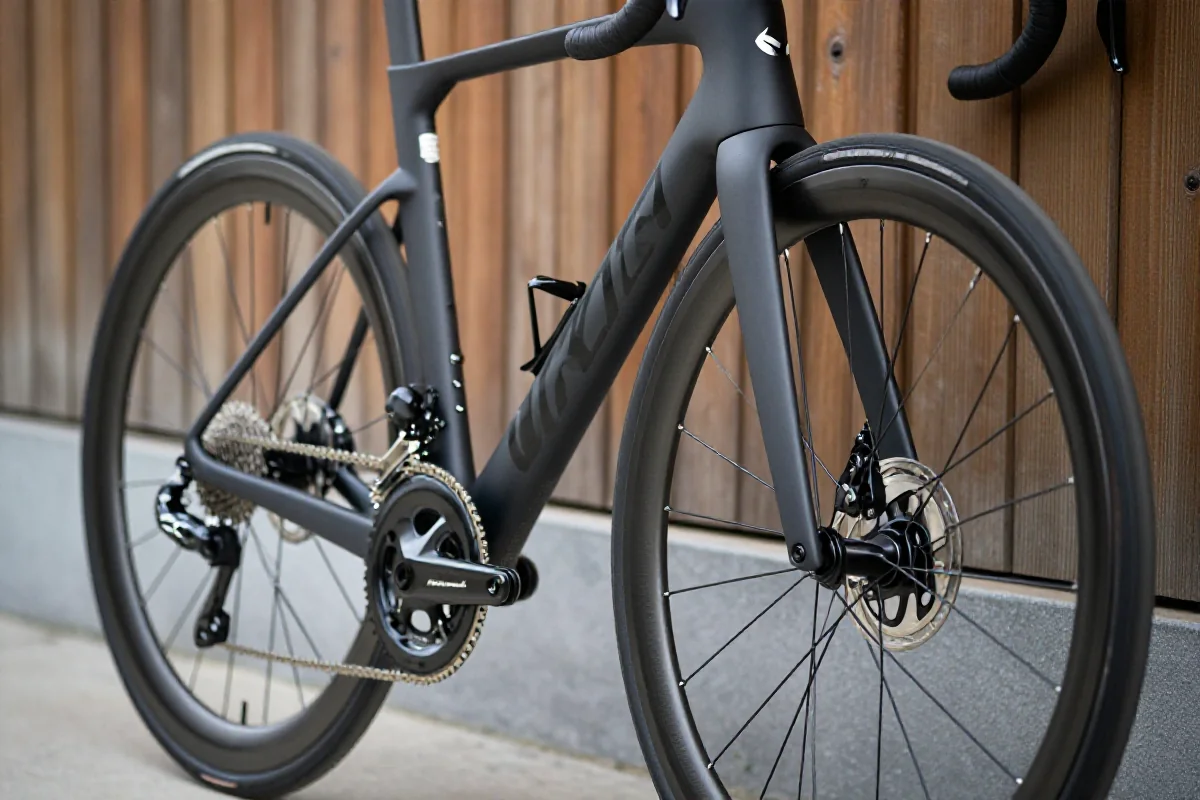 Szczegółowe zdjęcie roweru szosowego z akcentem na komponenty i ramę.
