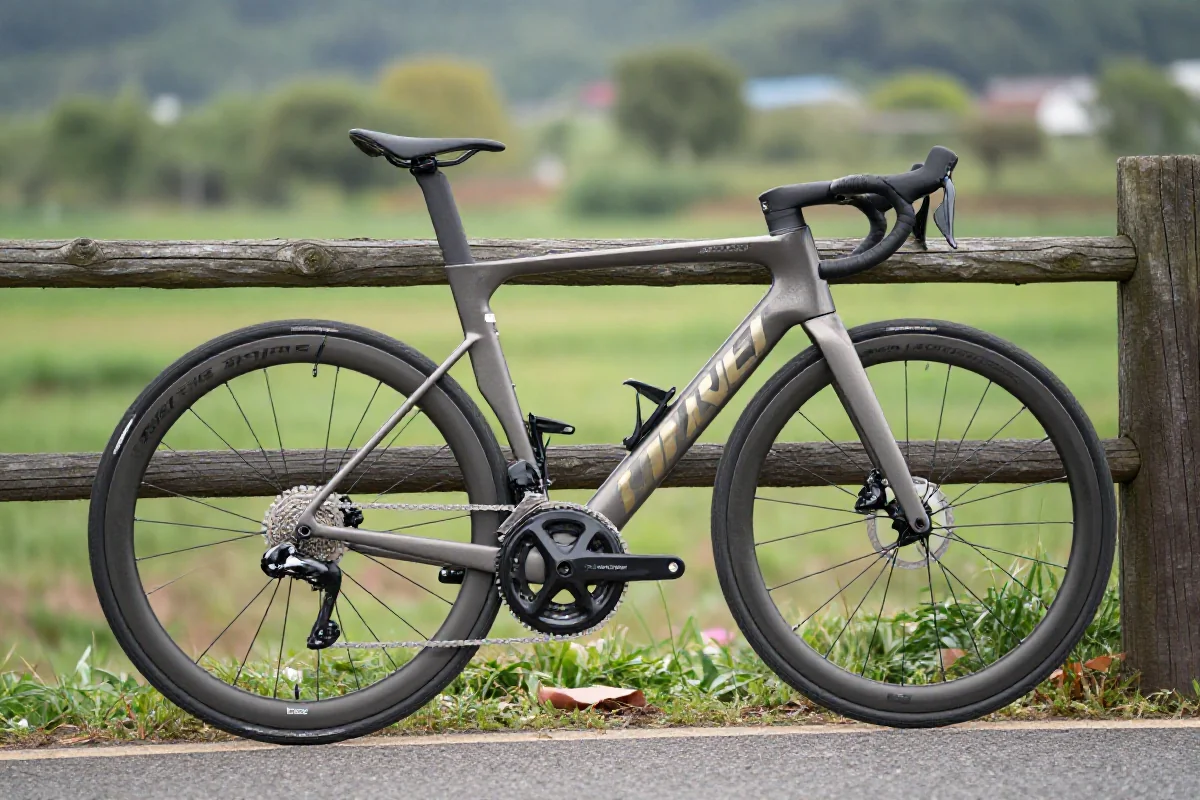 Rower szosowy oparty o płot, ukazujący aerodynamiczną ramę i koła.