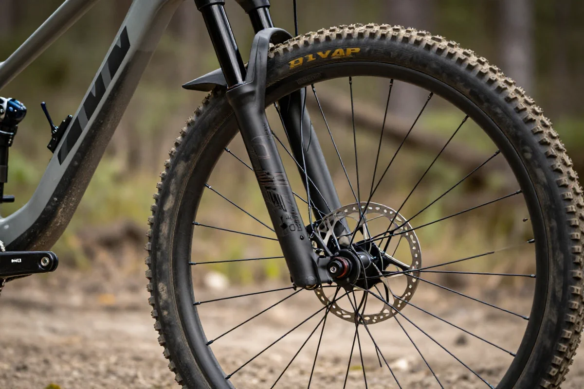 Zbliżenie na przedni widelec roweru górskiego z hamulcem tarczowym i kołem