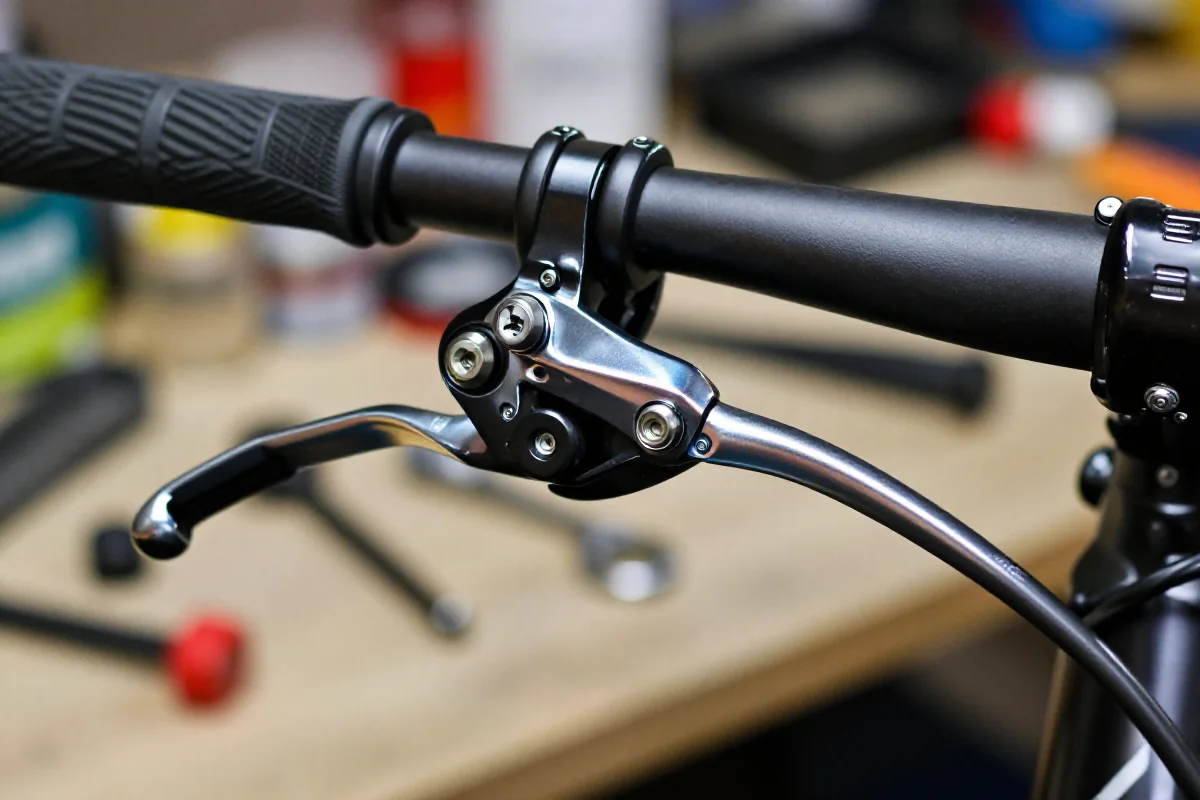 Szczegółowe zdjęcie dźwigni hamulca w rowerze górskim w warsztacie