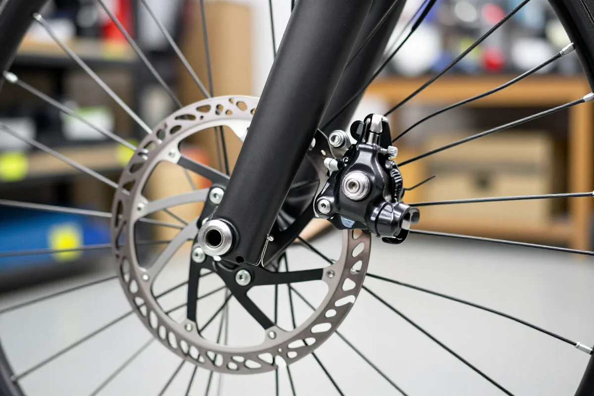 Bliska fotografia systemu hamulców tarczowych roweru, pokazująca regulację zacisku.