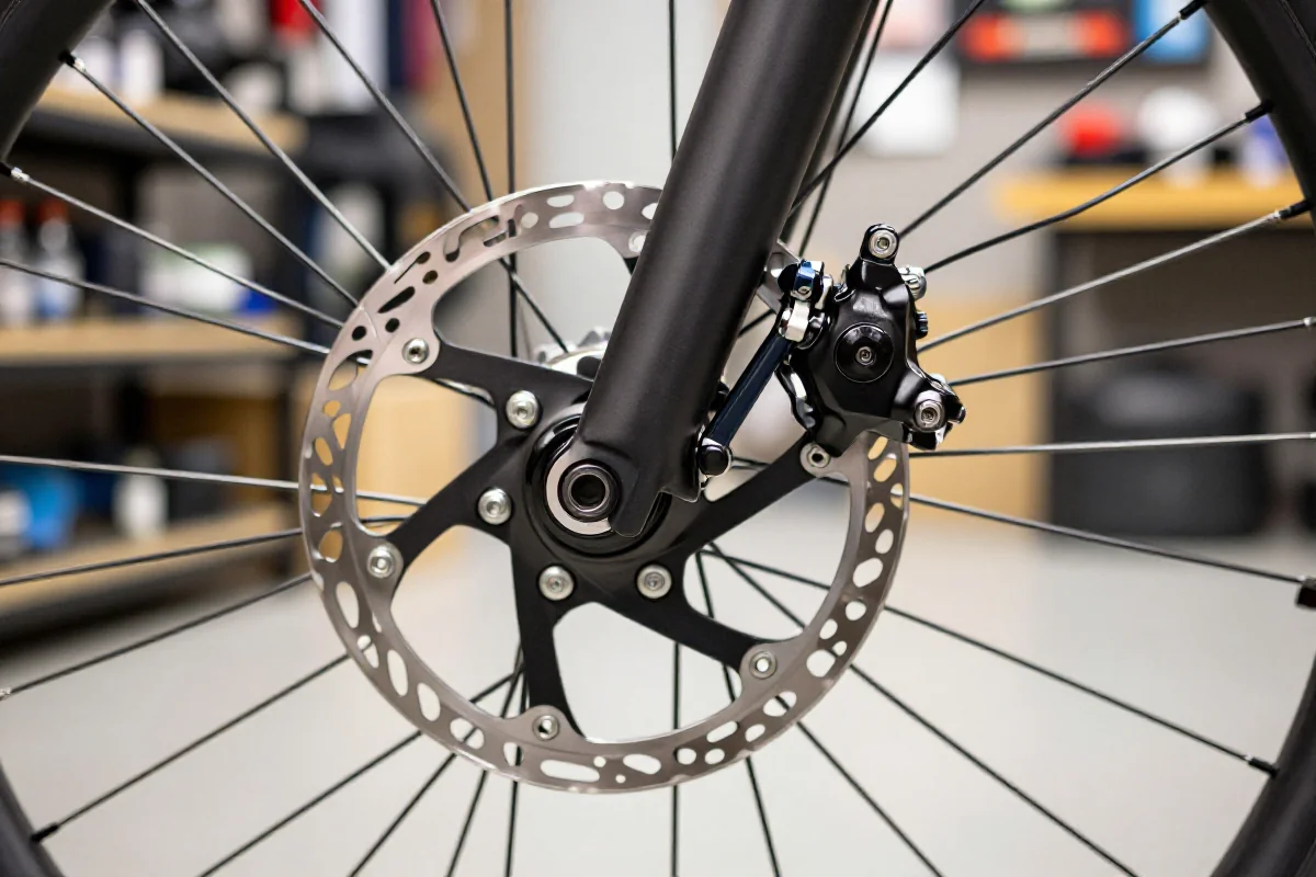 Bliska fotografia systemu hamulcowego roweru MTB z zaciskiem i tarczą.